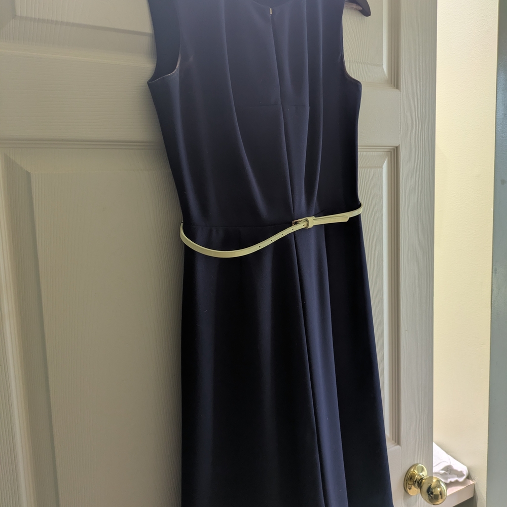 Calvin Klein Collection Dark Blue Midi Dress with Light Belt